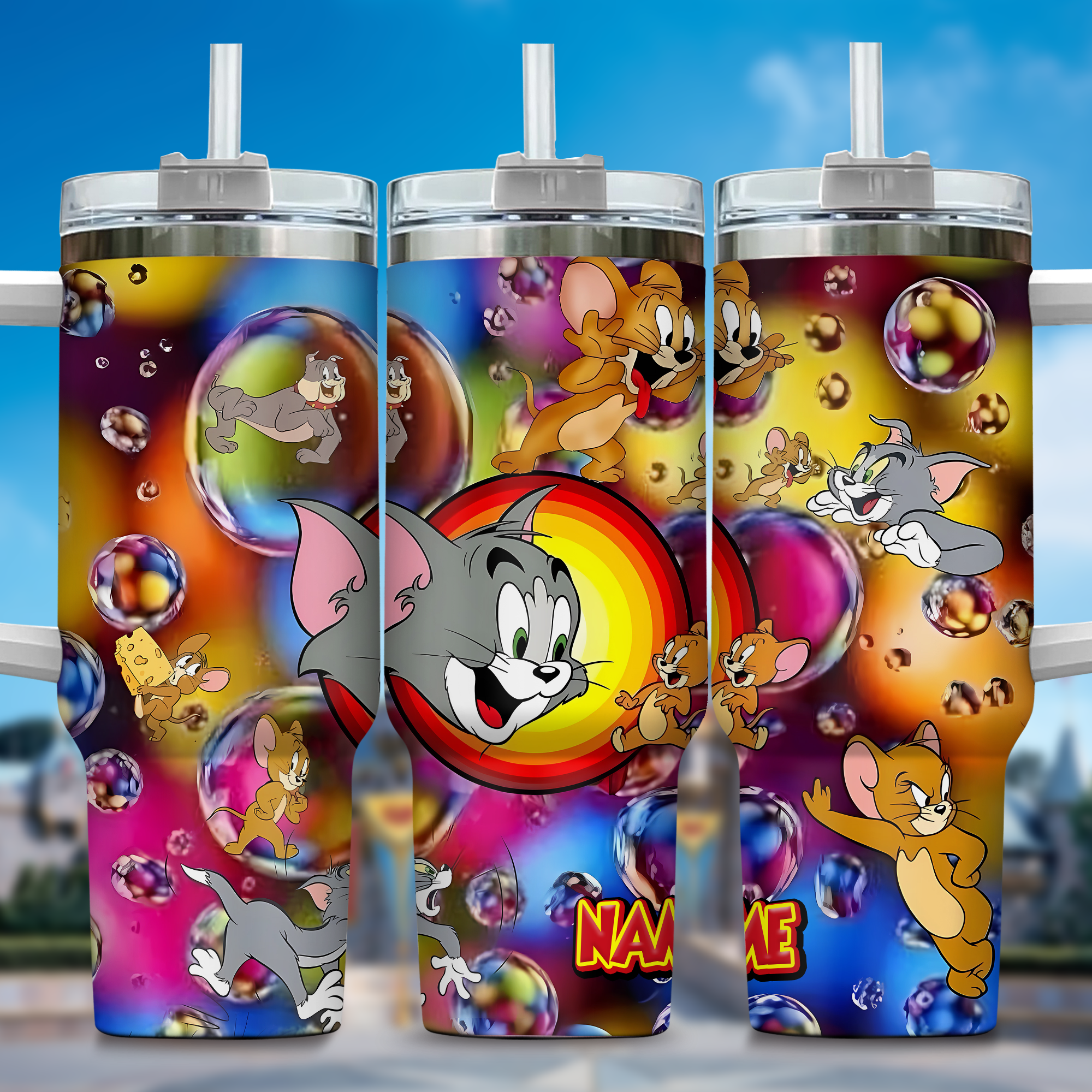 Tom and Jerry Cartoon Custom Stanley Quencher 40oz Stainless Steel Tumbler With Handle