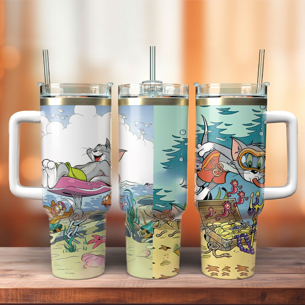 Tom And Jerry Cartoon Custom Stanley Quencher 40oz Stainless Steel Tumbler With Handle