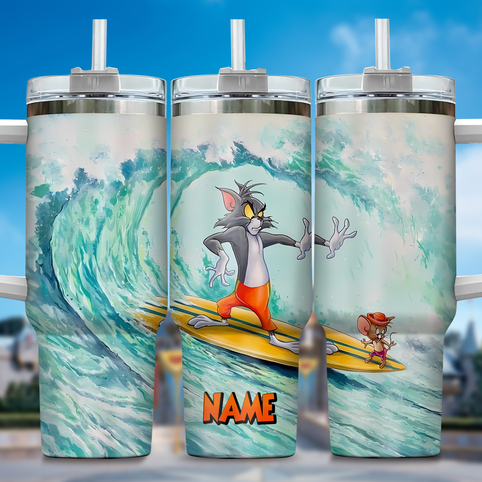 Tom and Jerry Cartoon Custom Stanley Quencher 40oz Stainless Steel Tumbler With Handle