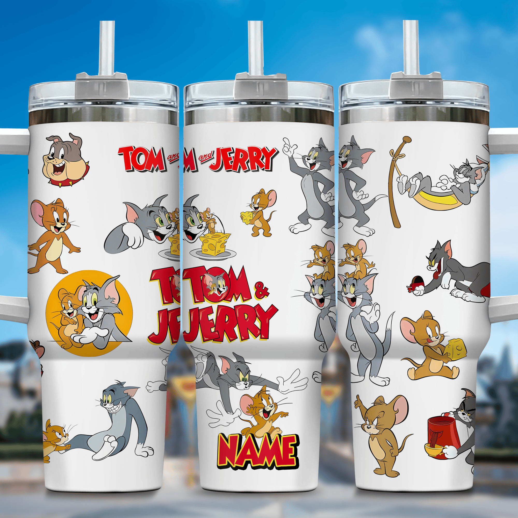 Tom and Jerry Cartoon Custom Stanley Quencher 40oz Stainless Steel Tumbler With Handle