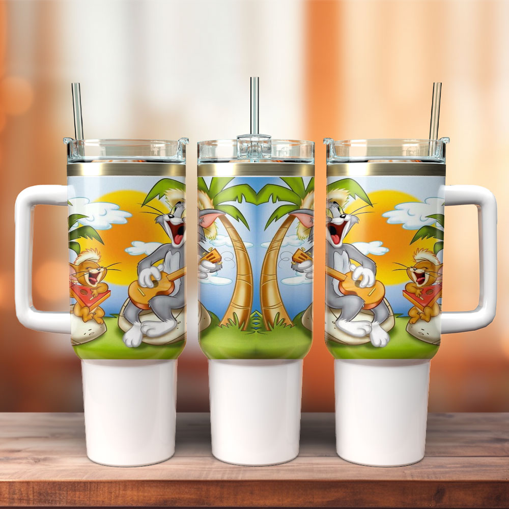 Tom And Jerry Cartoon Custom Stanley Quencher 40oz Stainless Steel Tumbler With Handle