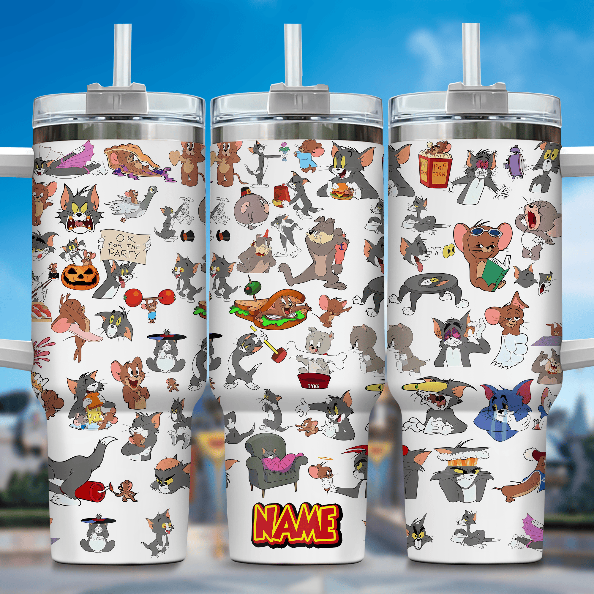 Tom and Jerry Cartoon Custom Stanley Quencher 40oz Stainless Steel Tumbler With Handle