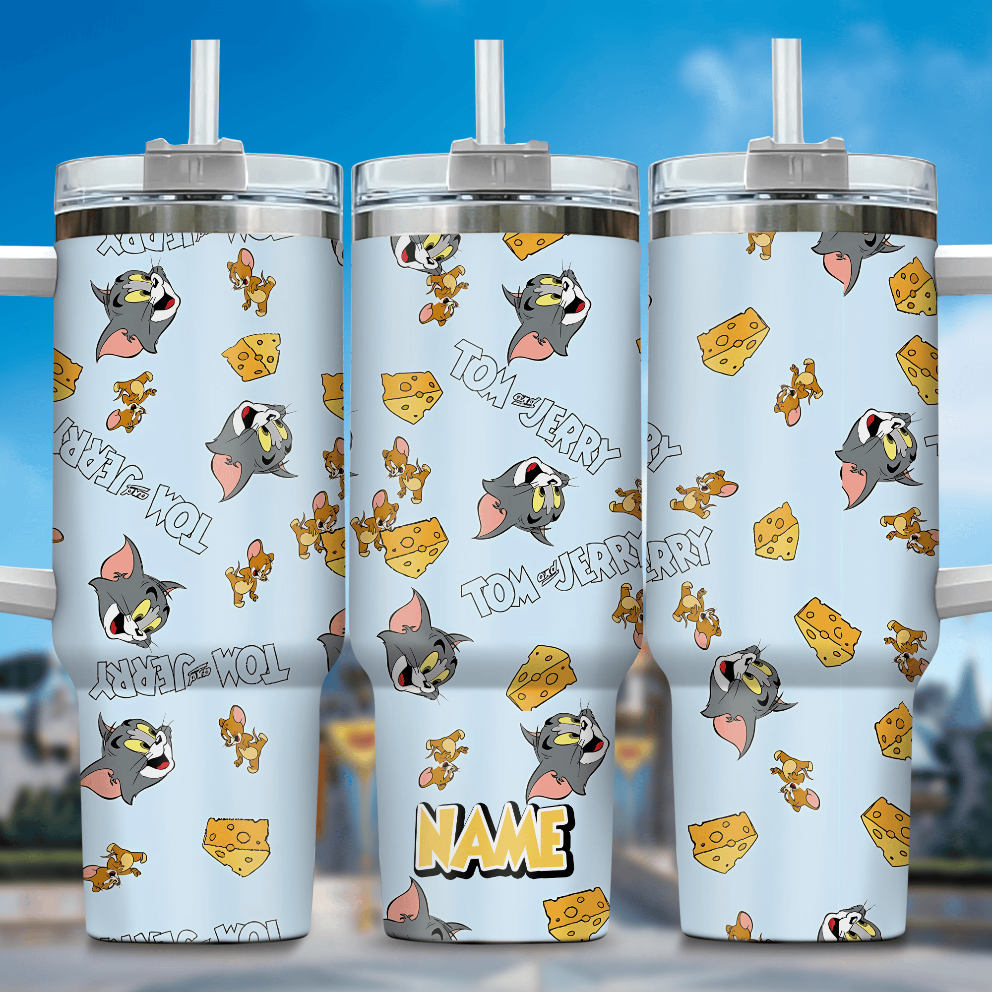 Tom and Jerry Cartoon Custom Stanley Quencher 40oz Stainless Steel Tumbler With Handle