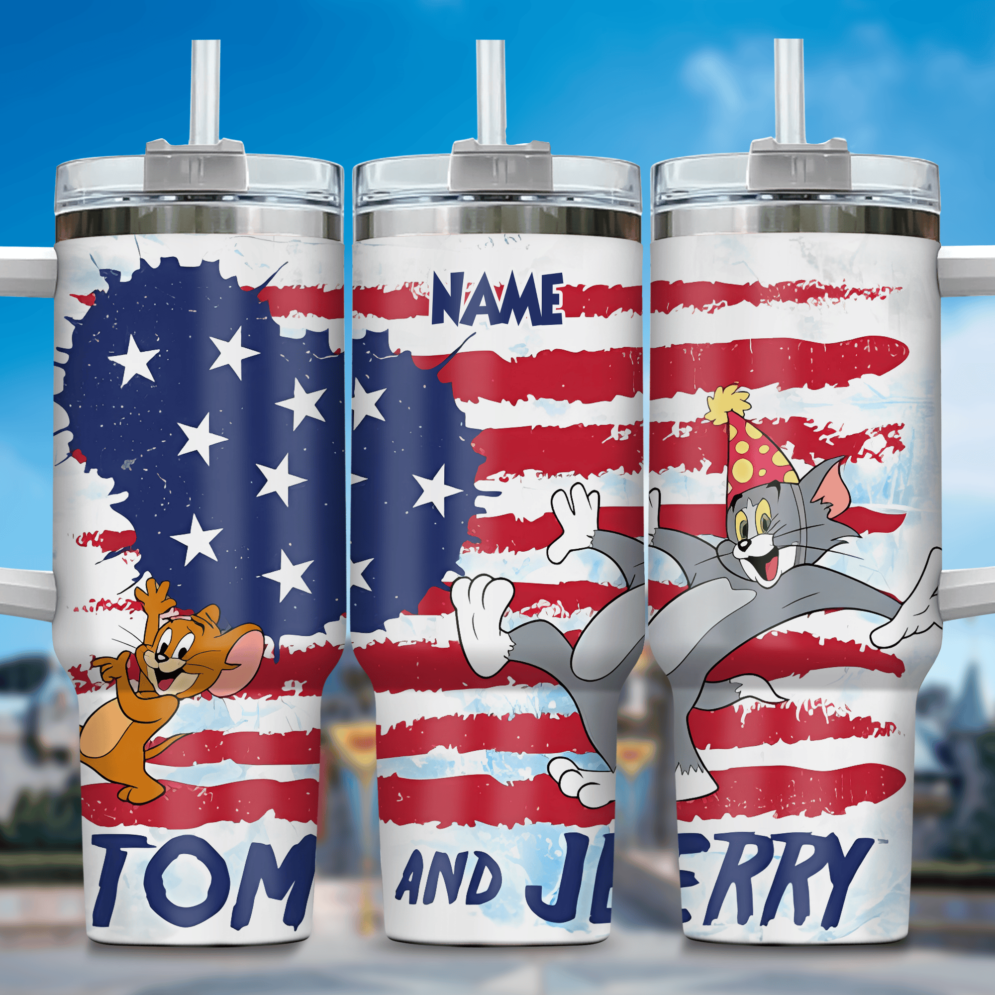 Tom and Jerry Cartoon Custom Stanley Quencher 40oz Stainless Steel Tumbler With Handle