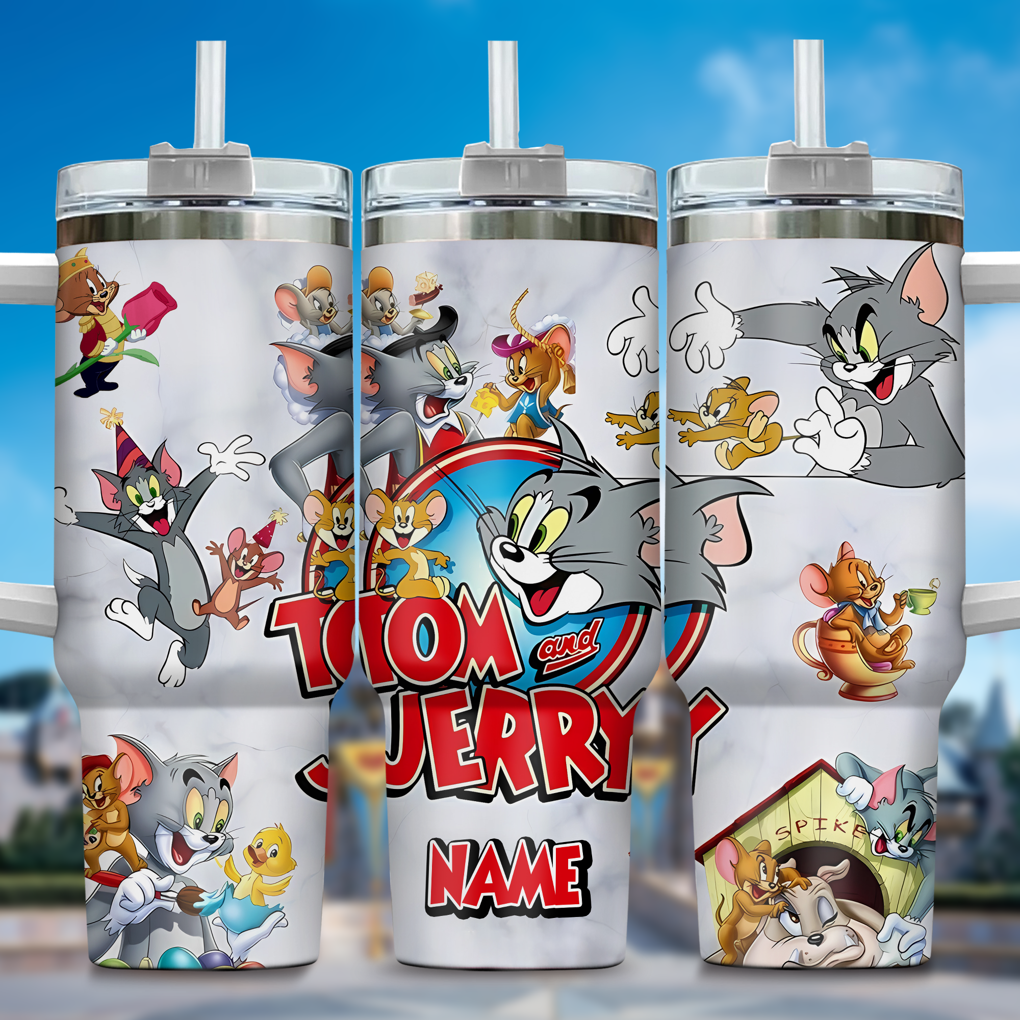 Tom and Jerry Cartoon Custom Stanley Quencher 40oz Stainless Steel Tumbler With Handle