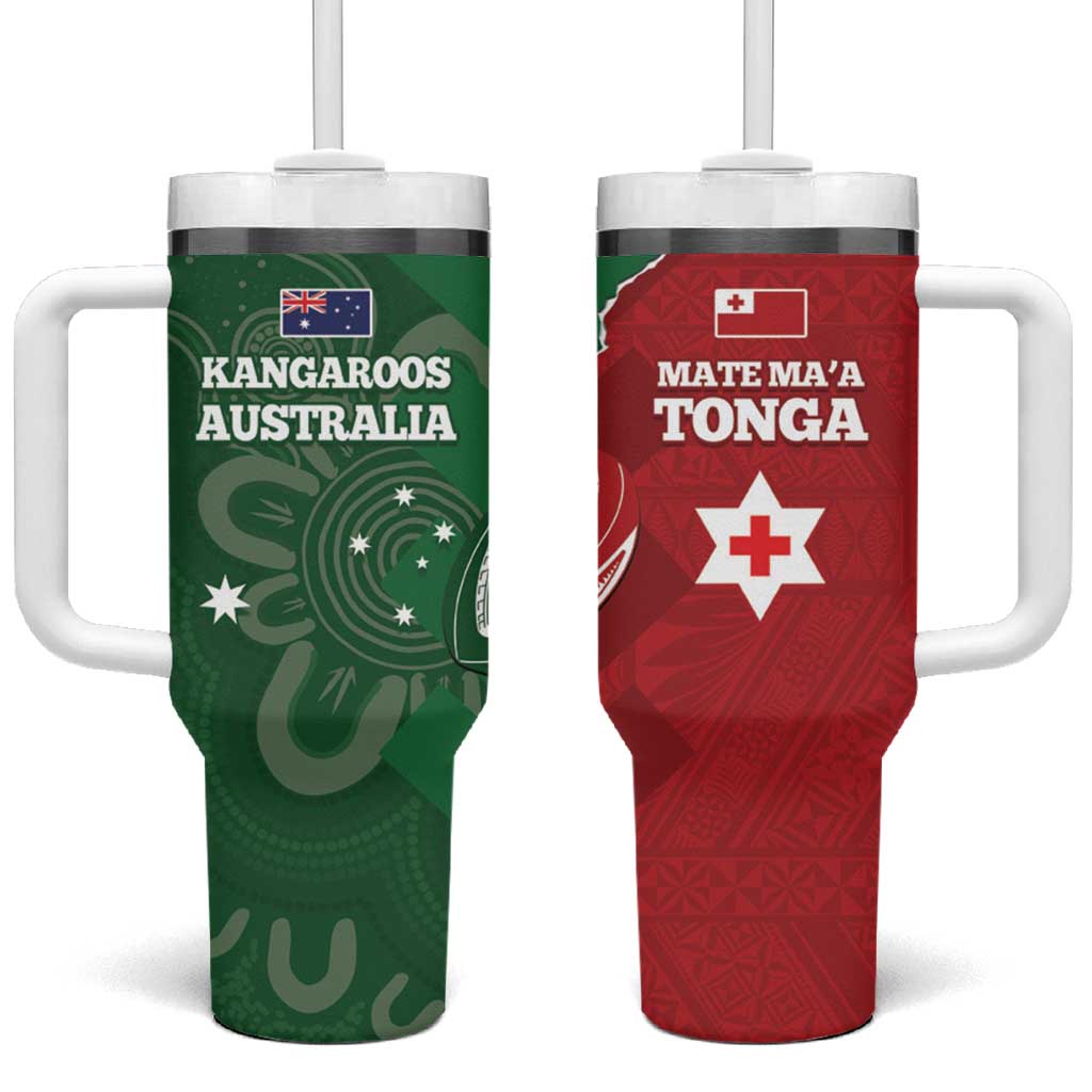 Tonga And Australia Rugby Mate Maa Tongan Ngatu Mix Kangaroos Aboriginal Custom Stanley Quencher 40oz Stainless Steel Tumbler With Handle