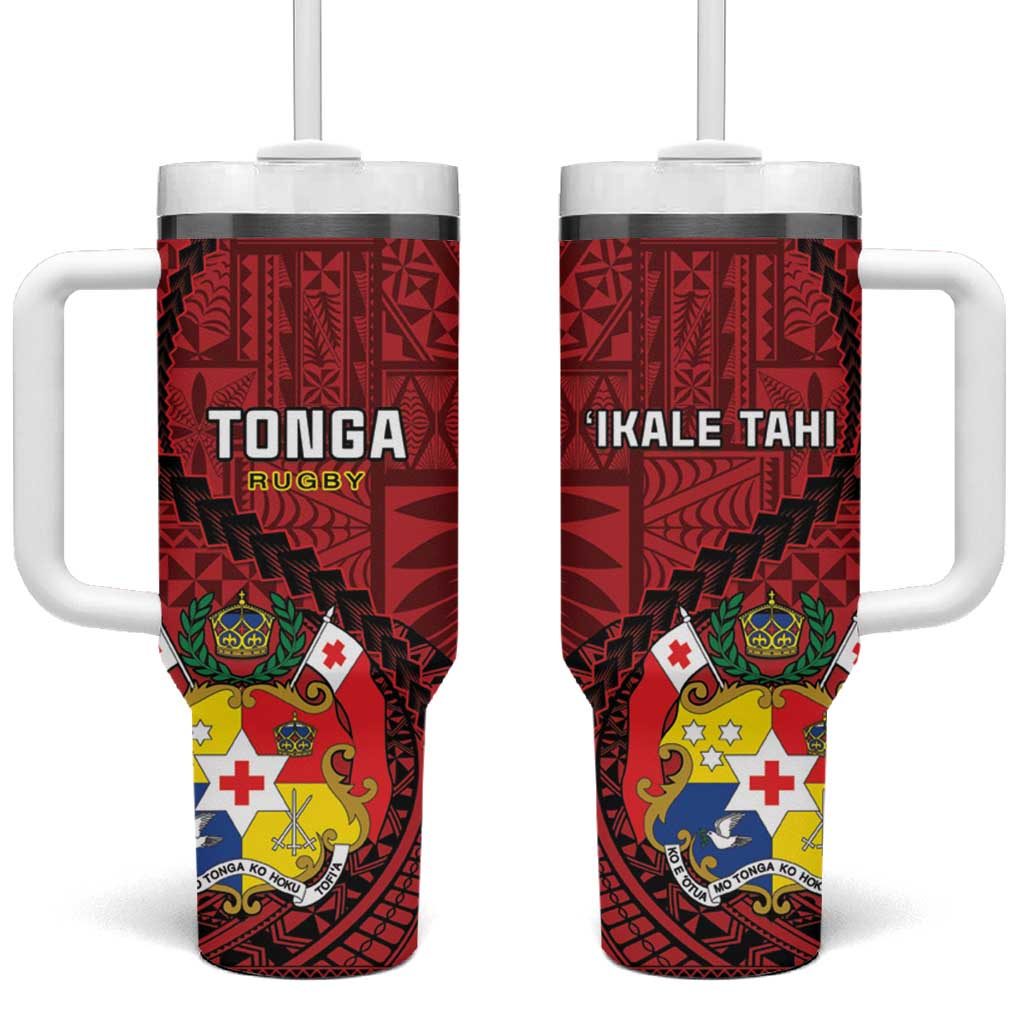 Tonga Rugby Tongan Ngatu Black Custom Stanley Quencher 40oz Stainless Steel Tumbler With Handle