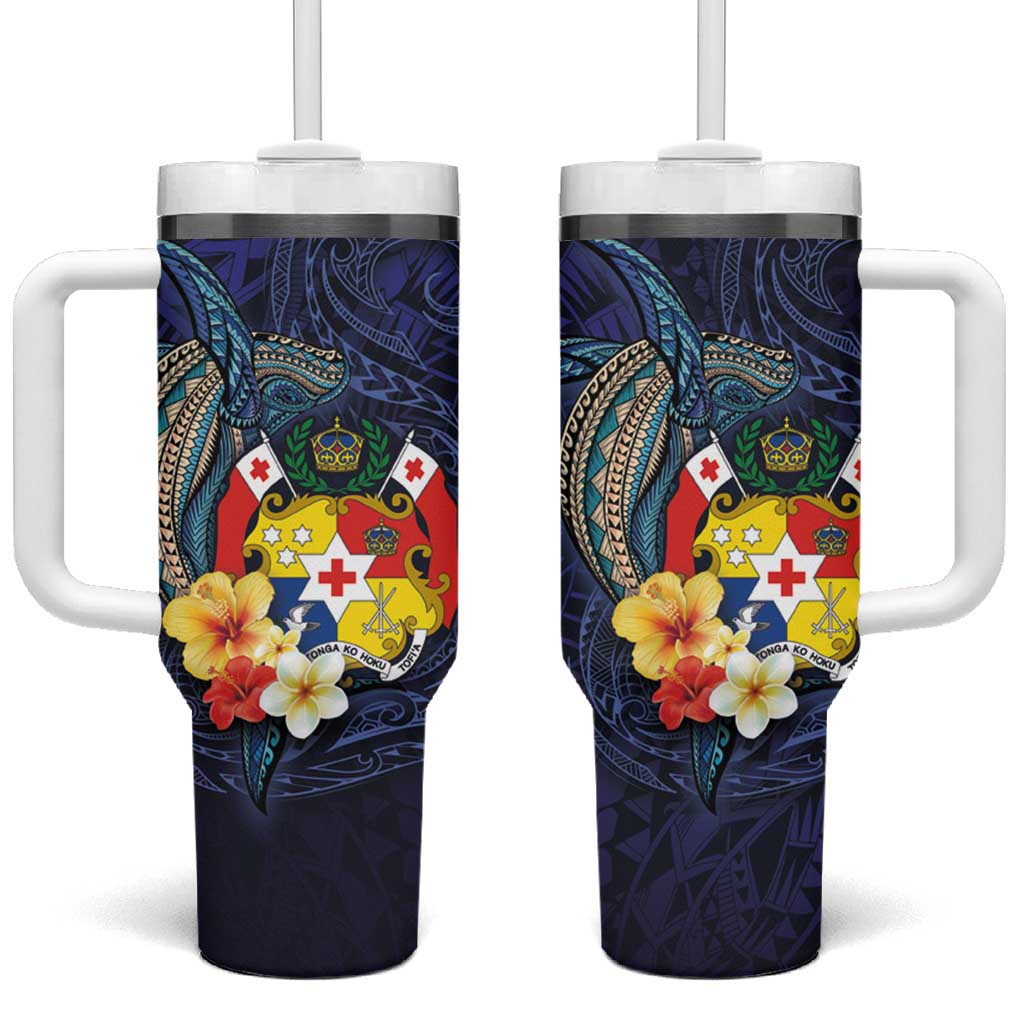 Tonga Vava'u Humpback Whale Blue Water Polynesian Hibiscus Flowers Custom Stanley Quencher 40oz Stainless Steel Tumbler With Handle
