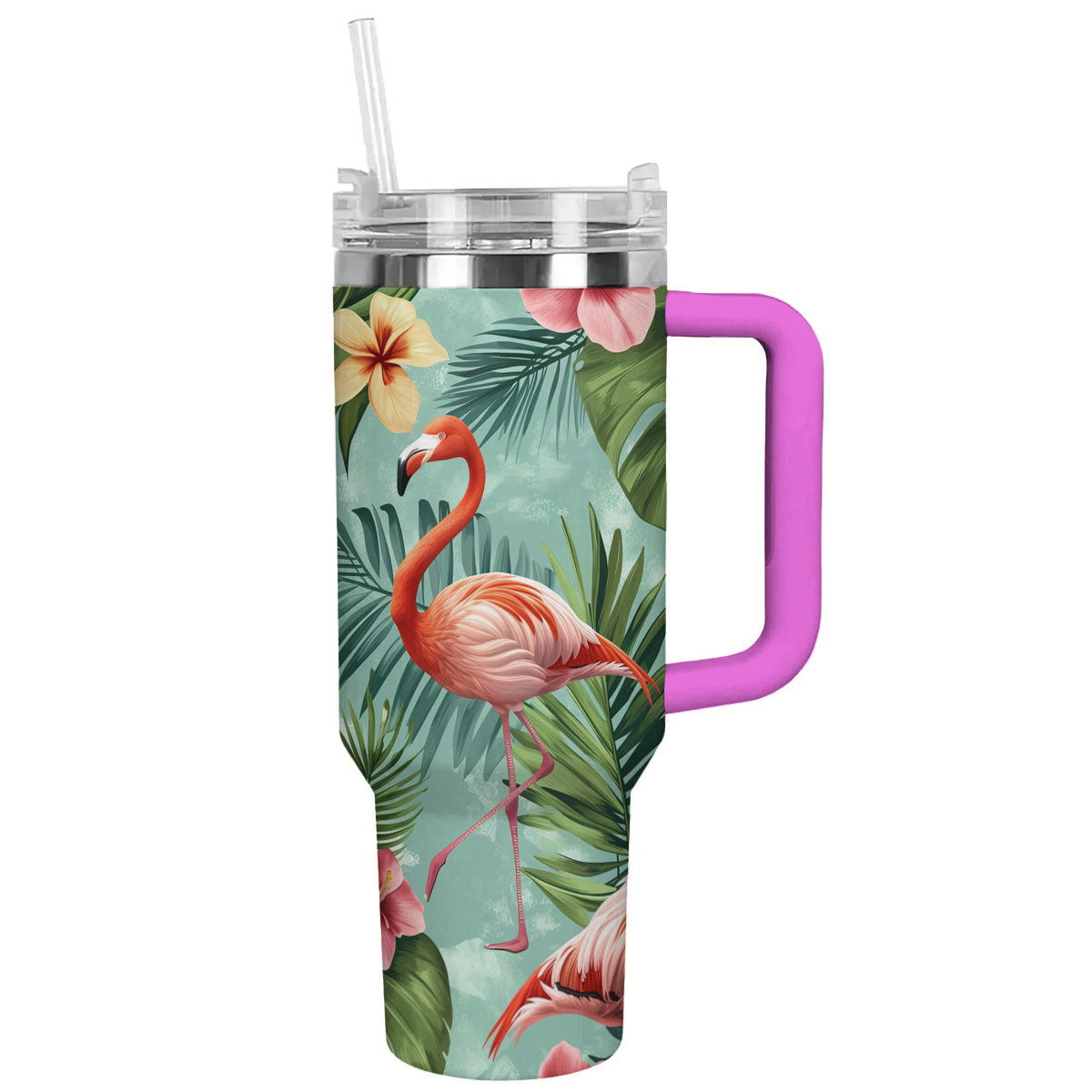 Tropical Flamingo Custom Stanley Quencher 40oz Stainless Steel Tumbler With Handle