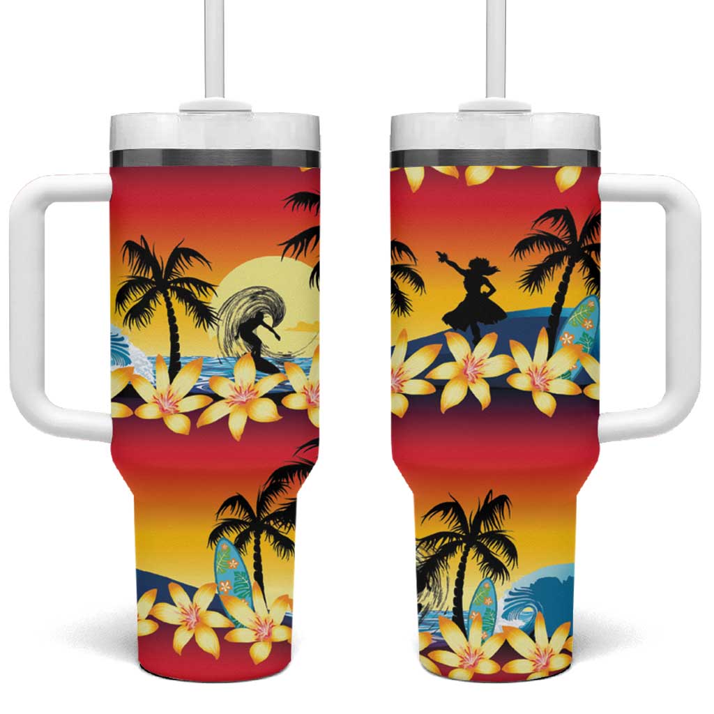 Tropical Islands Sunset Hawaii Go Surfing With Hula Girl Summer Custom Stanley Quencher 40oz Stainless Steel Tumbler With Handle