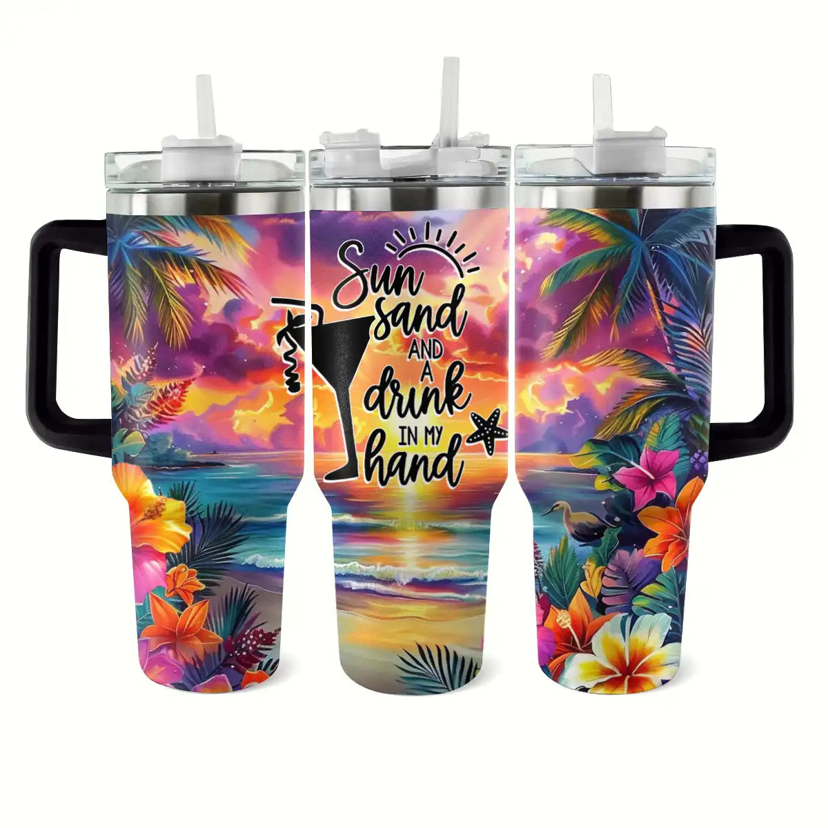 Tropical Sunset Custom Stanley Quencher 40oz Stainless Steel Tumbler With Handle