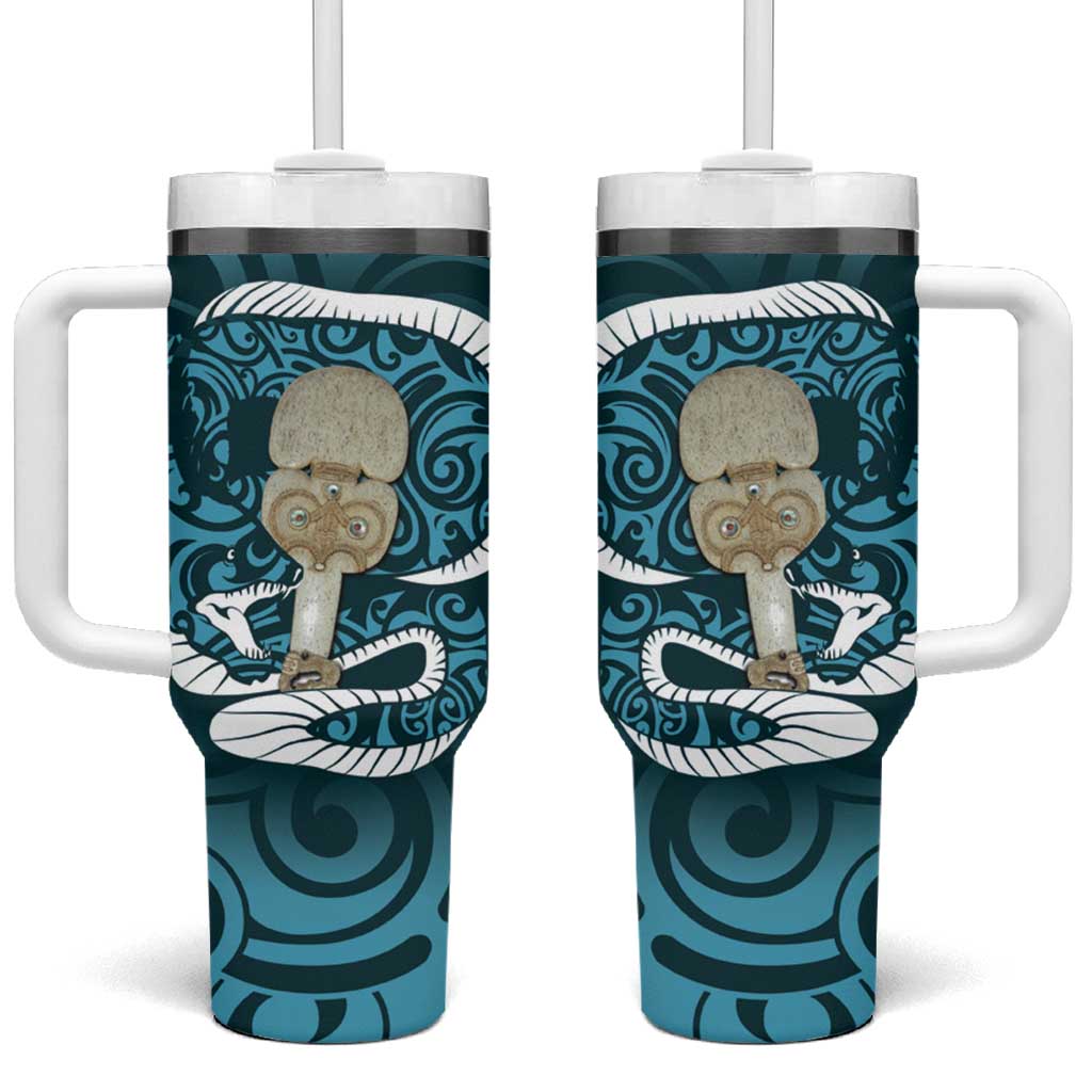 Turquoise New Zealand Eel Aotearoa Maori Tuna With Kotiate Weapon Custom Stanley Quencher 40oz Stainless Steel Tumbler With Handle