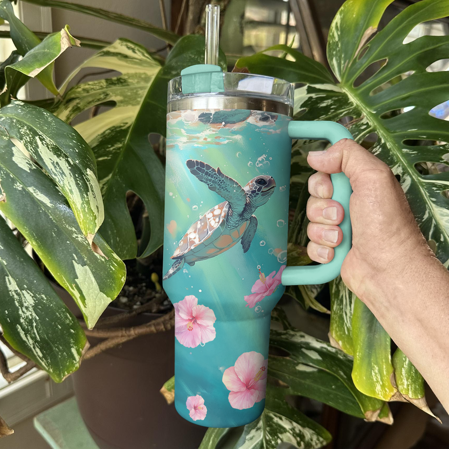 Turtle Custom Stanley Quencher 40oz Stainless Steel Tumbler With Handle