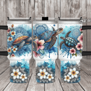 Turtle With Hibiscus Flowers Custom Stanley Quencher 40oz Stainless Steel Tumbler With Handle