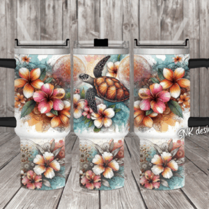 Turtle With Hibiscus Flowers Custom Stanley Quencher 40oz Stainless Steel Tumbler With Handle