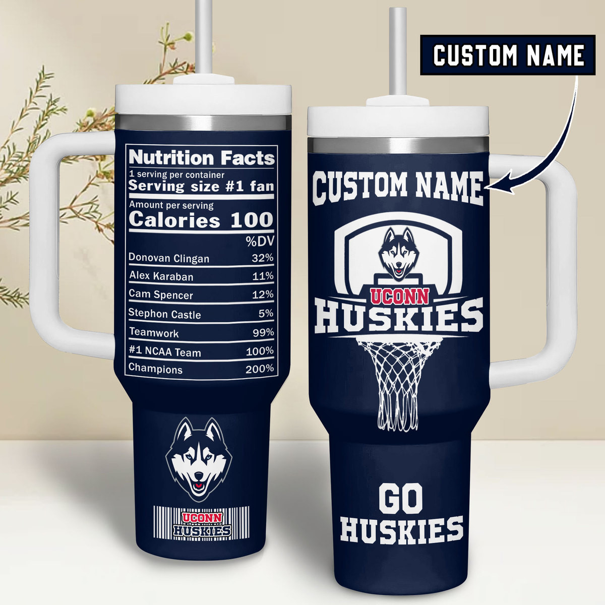 UConn Huskies basketball NCAA Custom Stanley Quencher 40oz Stainless Steel Tumbler With Handle