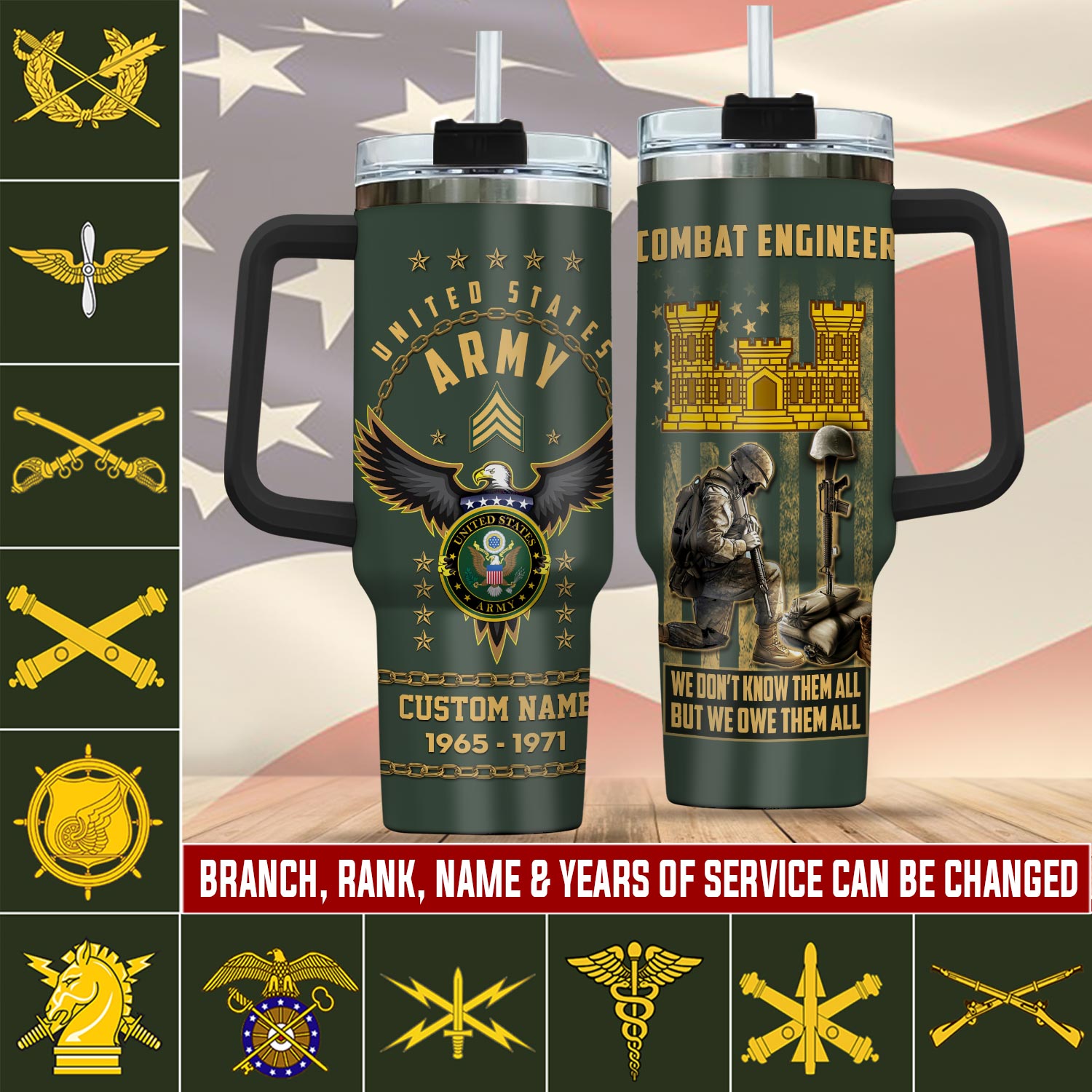 United States Army Branch Custom Stanley Quencher 40oz Stainless Steel Tumbler With Handle
