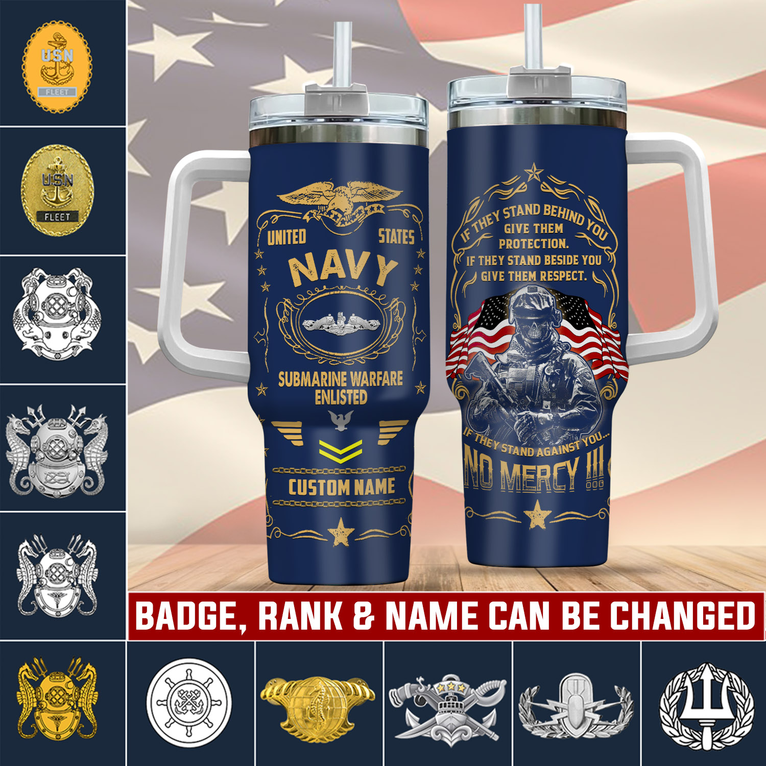 United States Navy Badge Custom Stanley Quencher 40oz Stainless Steel Tumbler With Handle