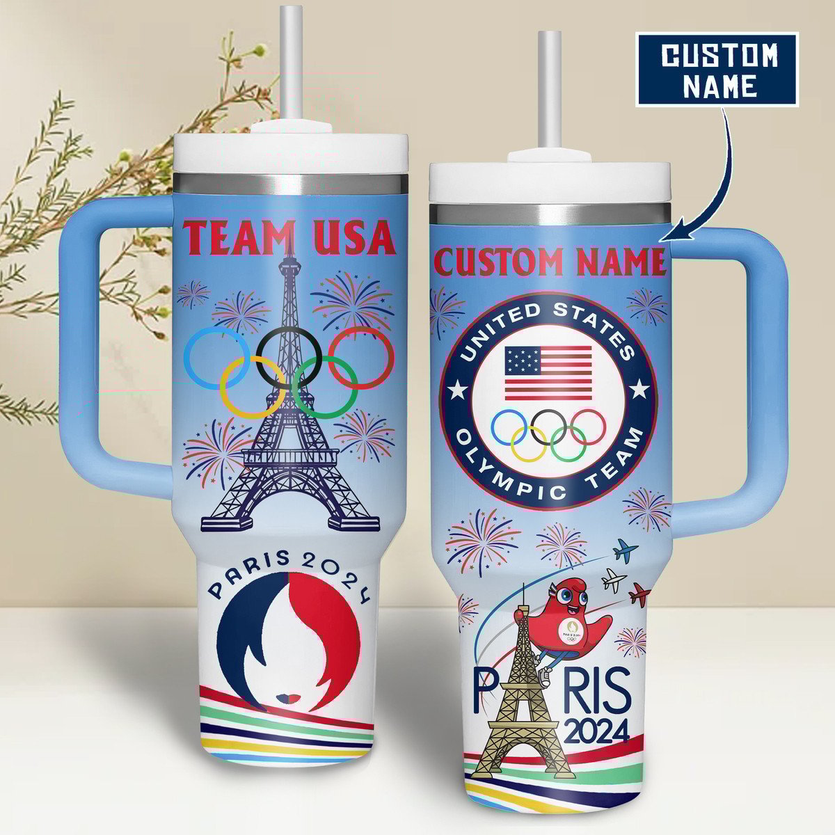 USA Olympic Paris 2024 Custom Stanley Quencher 40oz Stainless Steel Tumbler With Handle