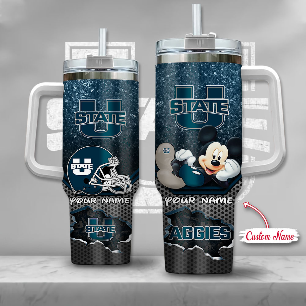Utah State Aggies NCAA Mickey Mouse Custom Stanley Quencher 40oz Stainless Steel Tumbler With Handle