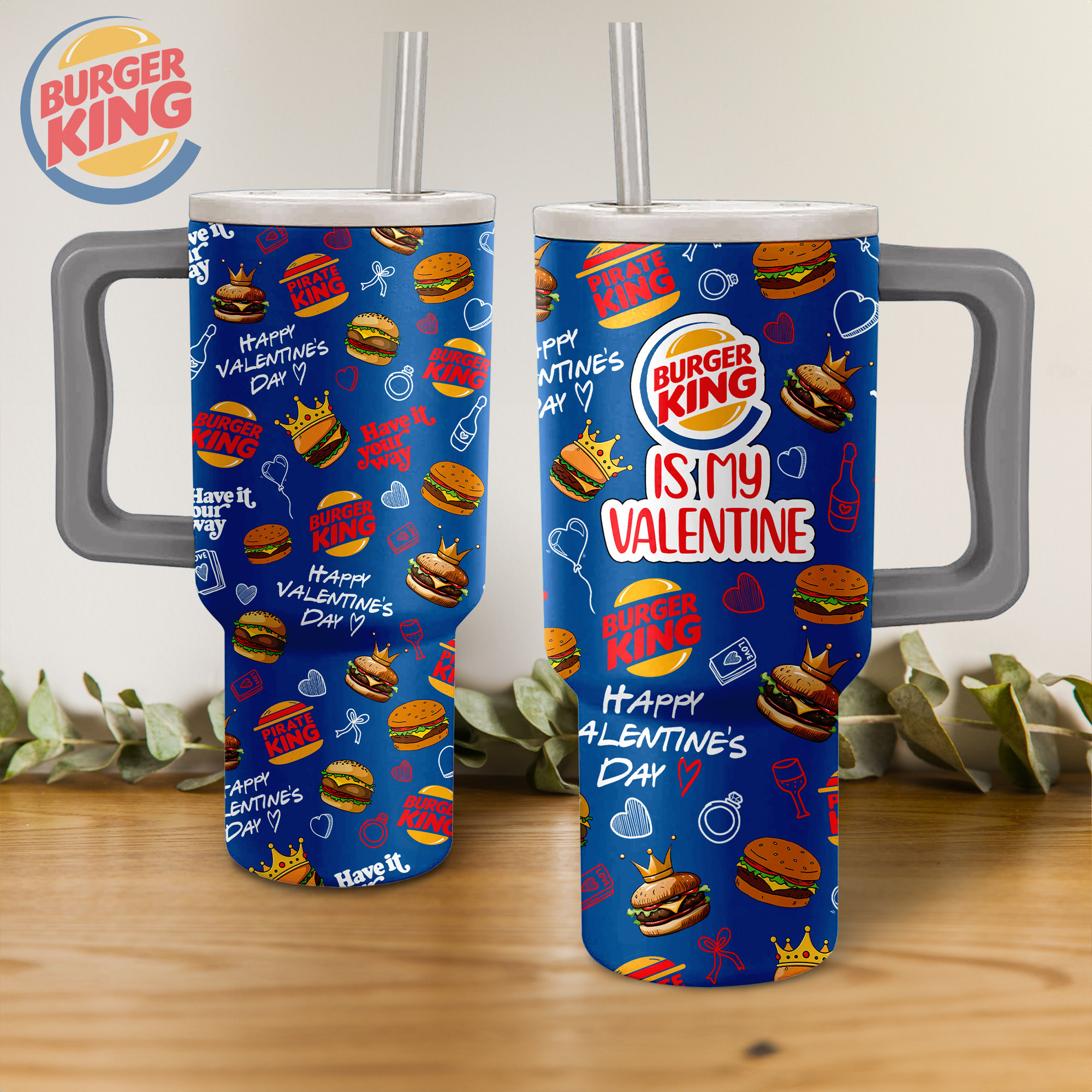 Valentine Burger King Custom Stanley Quencher 40oz Stainless Steel Tumbler With Handle