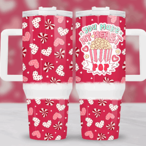 Valentine Popcorn And Hearts Custom Stanley Quencher 40oz Stainless Steel Tumbler With Handle
