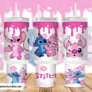 Valentine Stitch Disney Cartoon Custom Stanley Quencher 40oz Stainless Steel Tumbler With Handle