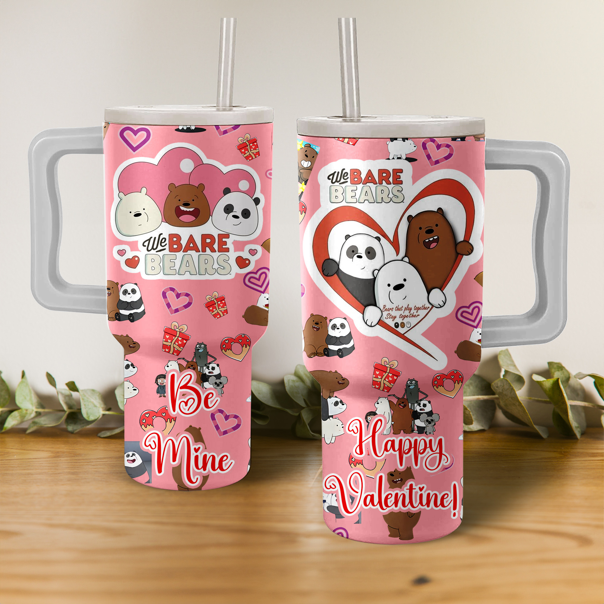 Valentine We Bare Bears Cartoon Custom Stanley Quencher 40oz Stainless Steel Tumbler With Handle