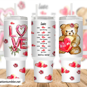 Valentines Day Teddy Bear Custom Stanley Quencher 40oz Stainless Steel Tumbler With Handle