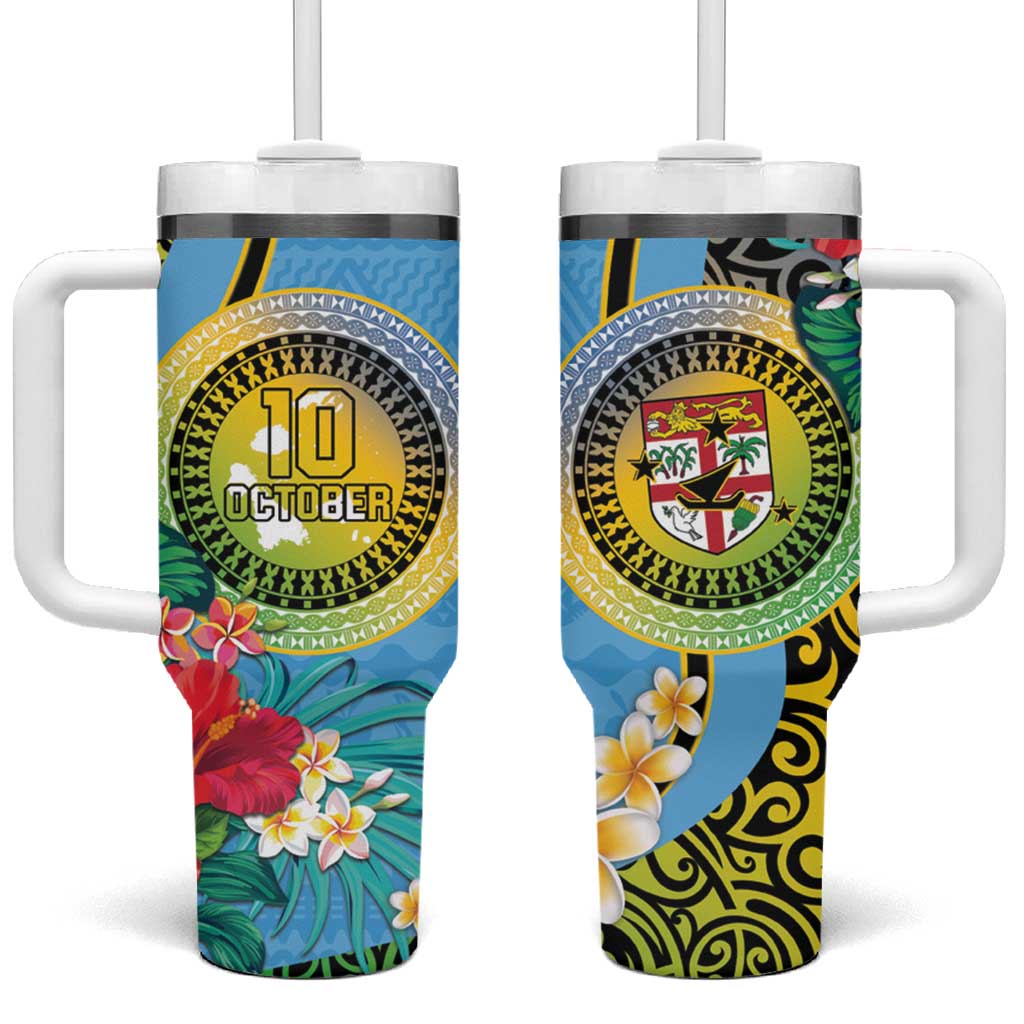 Vanuatu Malampa Fiji Day Happy 10 October With Maps Tropical Flowers Custom Stanley Quencher 40oz Stainless Steel Tumbler With Handle