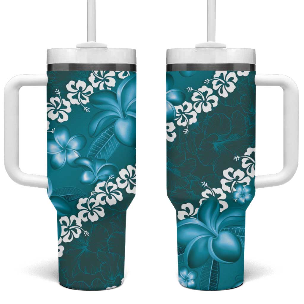 Vintage Dark Cyan Polynesia Plumeria With Hibiscus Tropical Custom Stanley Quencher 40oz Stainless Steel Tumbler With Handle