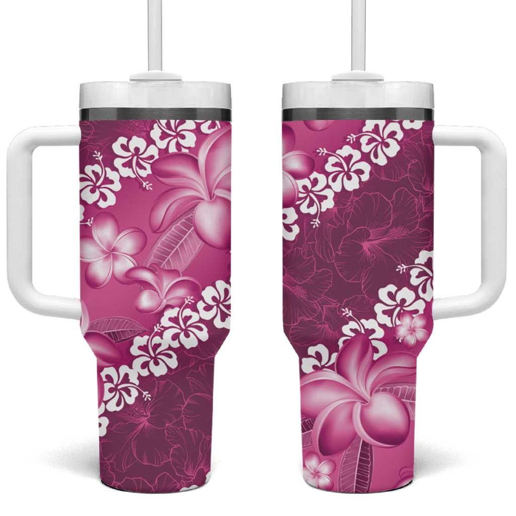 Vintage Pink Polynesia Plumeria With Hibiscus Tropical Custom Stanley Quencher 40oz Stainless Steel Tumbler With Handle