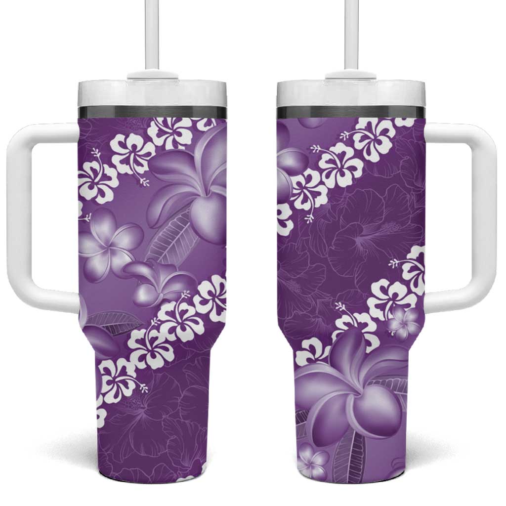 Vintage Purple Polynesia Plumeria With Hibiscus Tropical Custom Stanley Quencher 40oz Stainless Steel Tumbler With Handle
