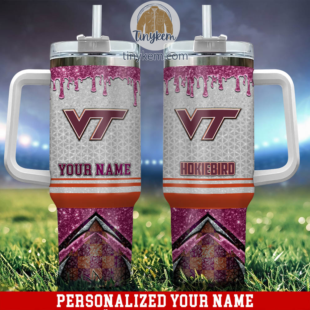 Virginia Tech Hokies Glitter NCAA Custom Stanley Quencher 40oz Stainless Steel Tumbler With Handle