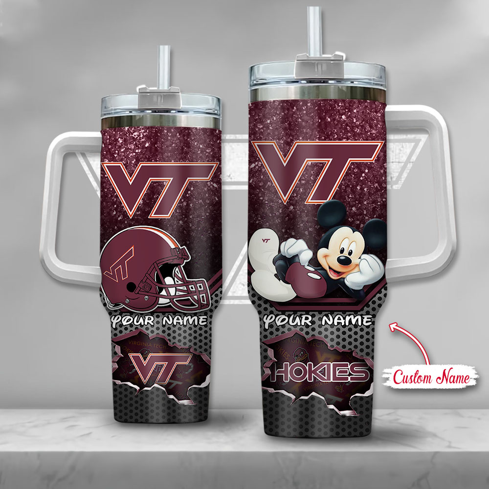Virginia Tech Hokies NCAA Mickey Mouse Custom Stanley Quencher 40oz Stainless Steel Tumbler With Handle