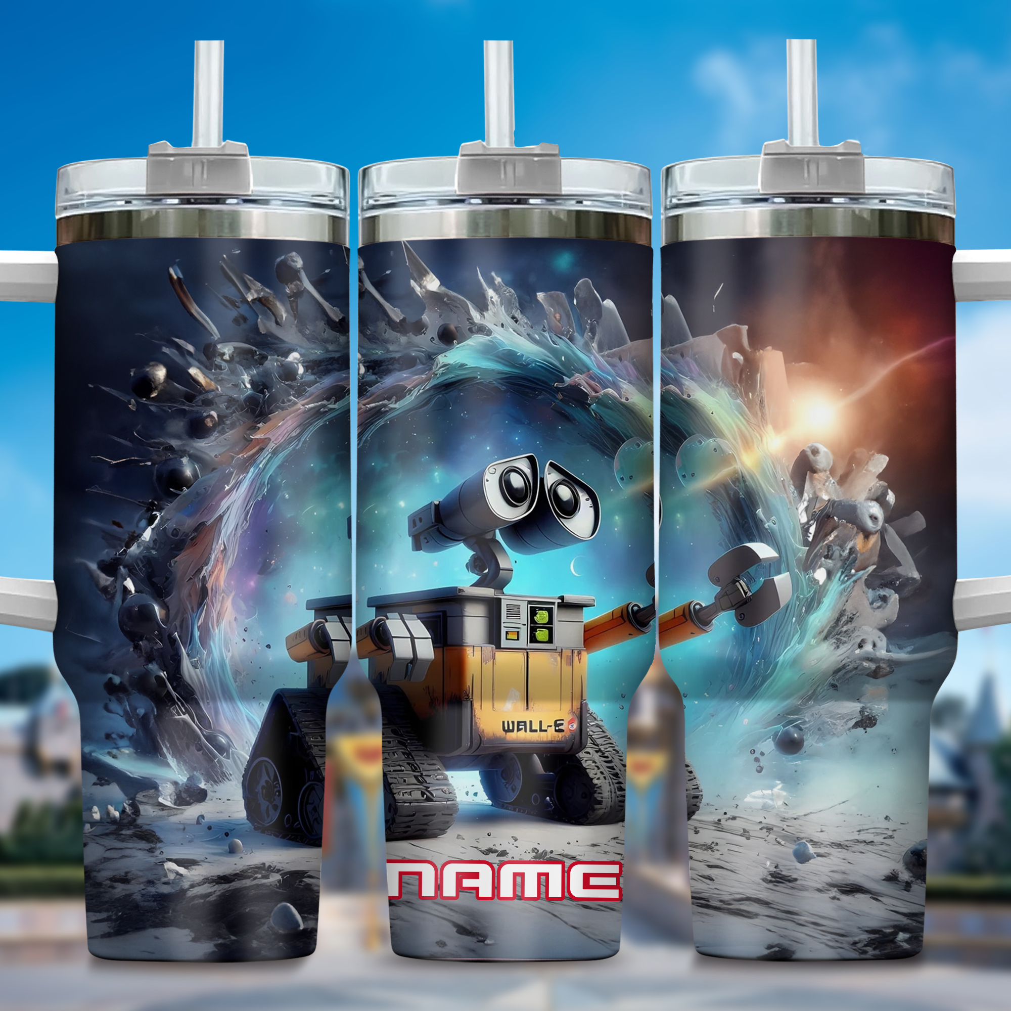 Wall E and Eve Movies Custom Stanley Quencher 40oz Stainless Steel Tumbler With Handle