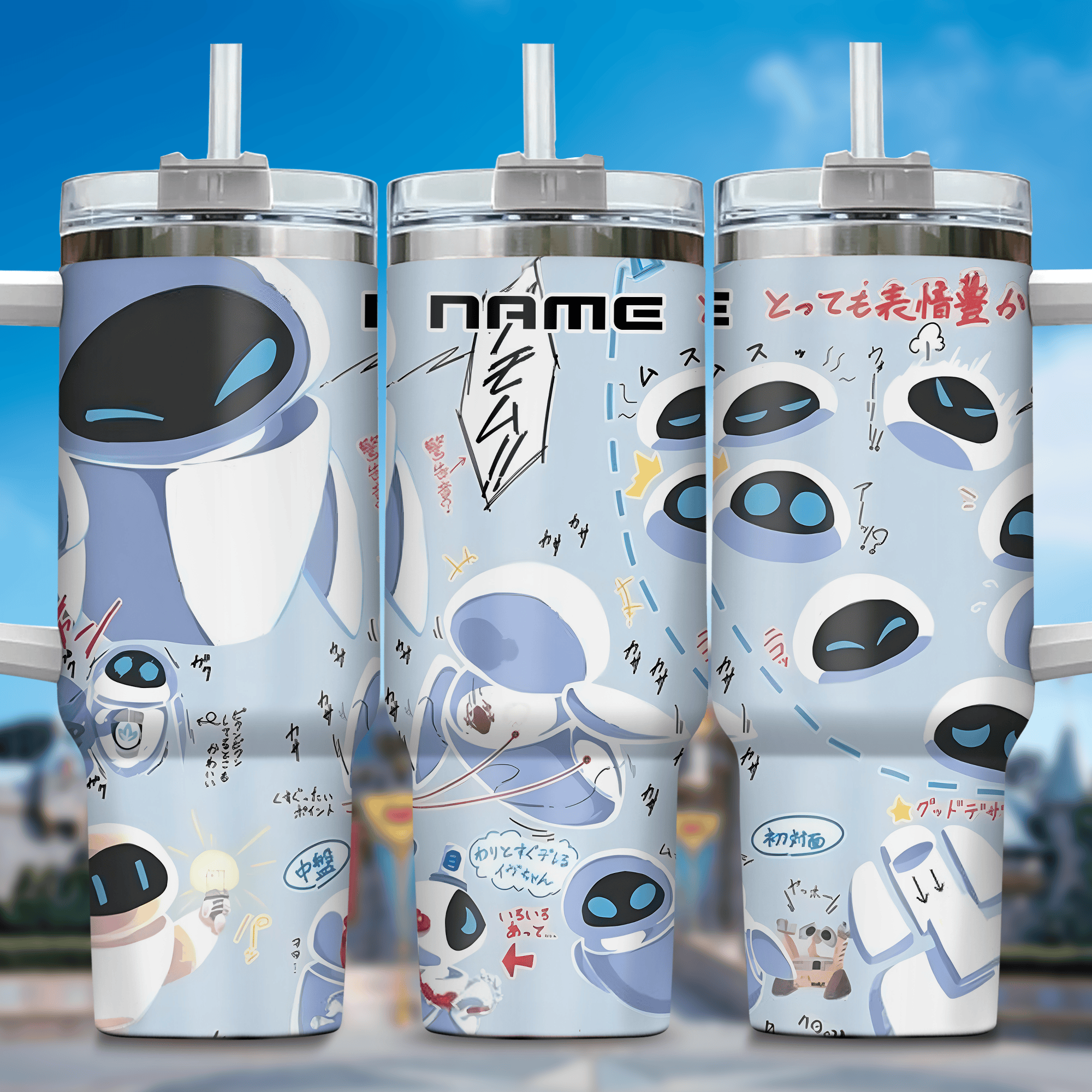 Wall E and Eve Movies Custom Stanley Quencher 40oz Stainless Steel Tumbler With Handle