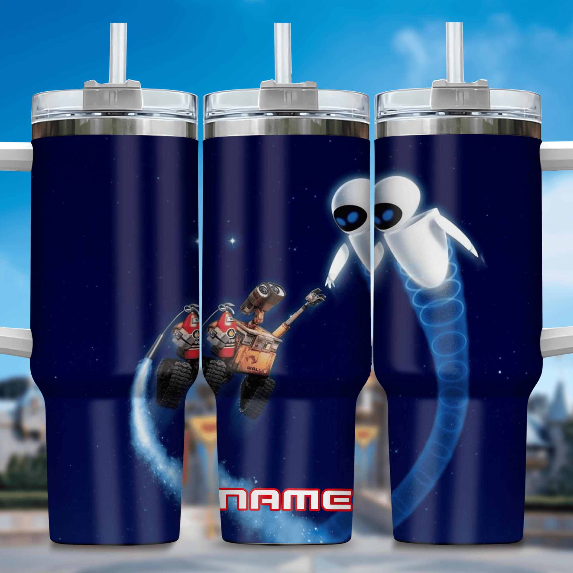 Wall E and Eve Movies Custom Stanley Quencher 40oz Stainless Steel Tumbler With Handle