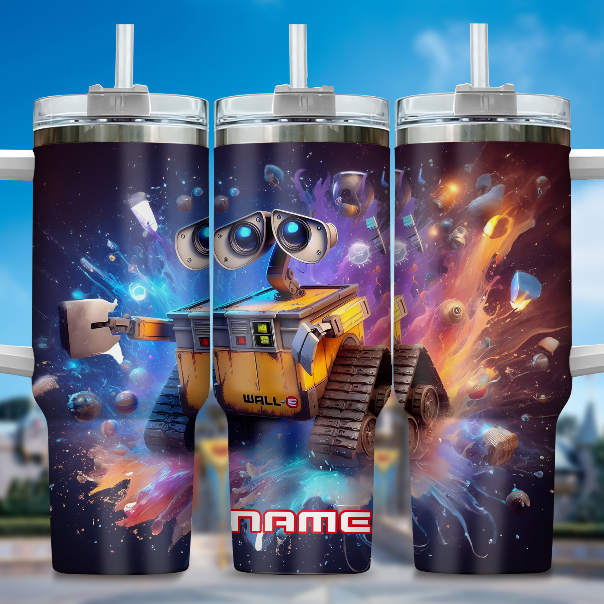 Wall E and Eve Movies Custom Stanley Quencher 40oz Stainless Steel Tumbler With Handle