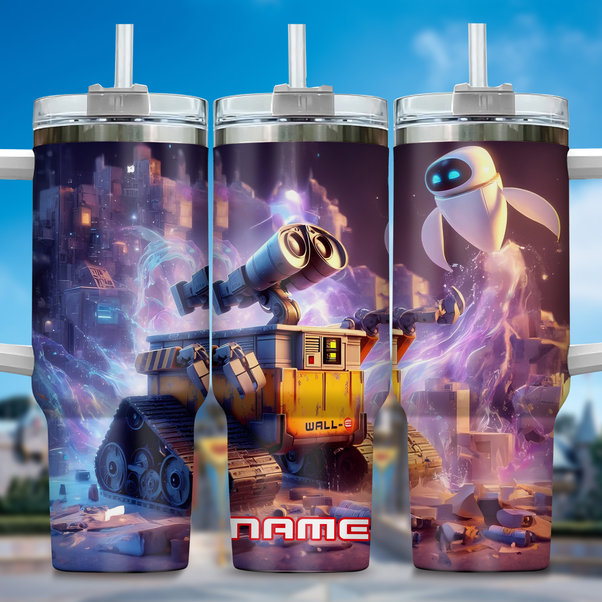 Wall E and Eve Movies Custom Stanley Quencher 40oz Stainless Steel Tumbler With Handle