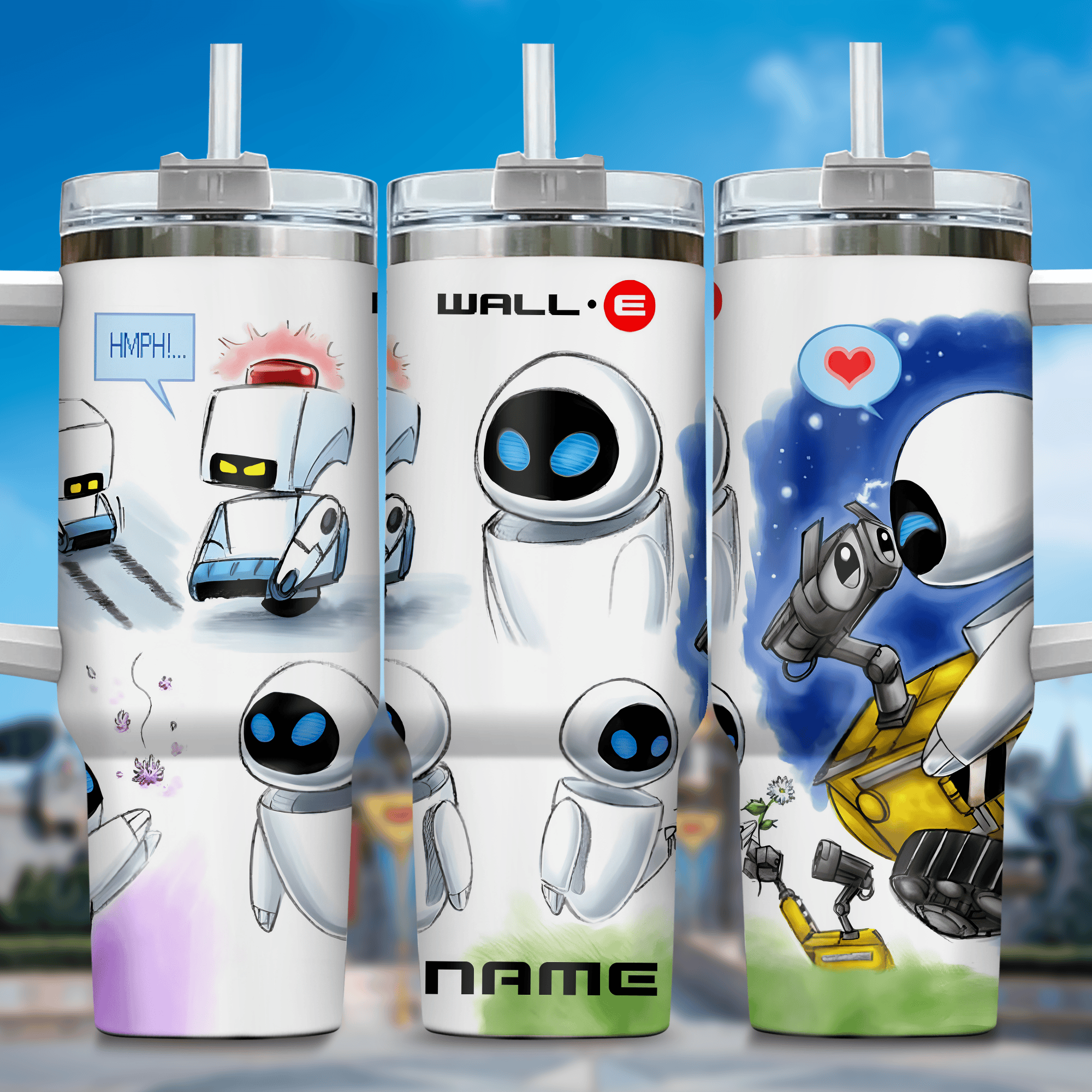 Wall E and Eve Movies Custom Stanley Quencher 40oz Stainless Steel Tumbler With Handle