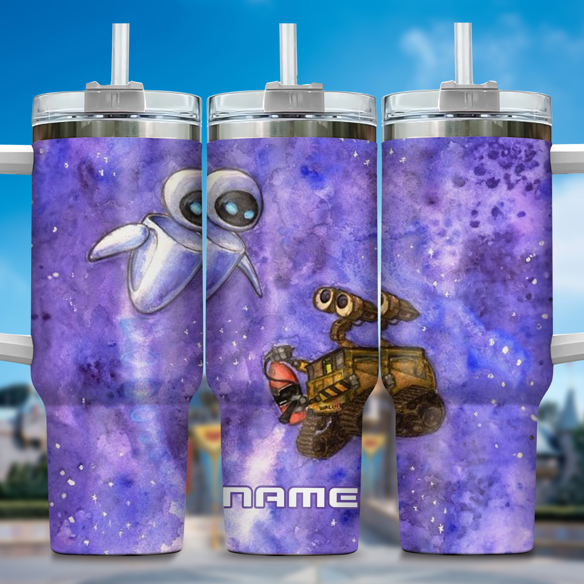 Wall E and Eve Movies Custom Stanley Quencher 40oz Stainless Steel Tumbler With Handle