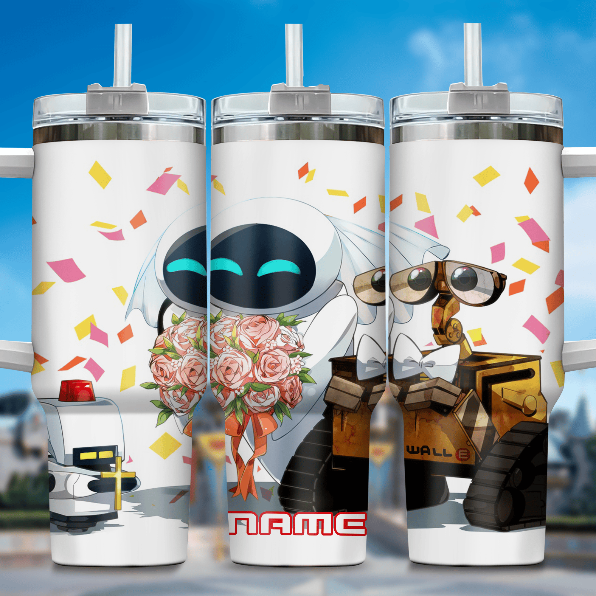 Wall E and Eve Movies Custom Stanley Quencher 40oz Stainless Steel Tumbler With Handle