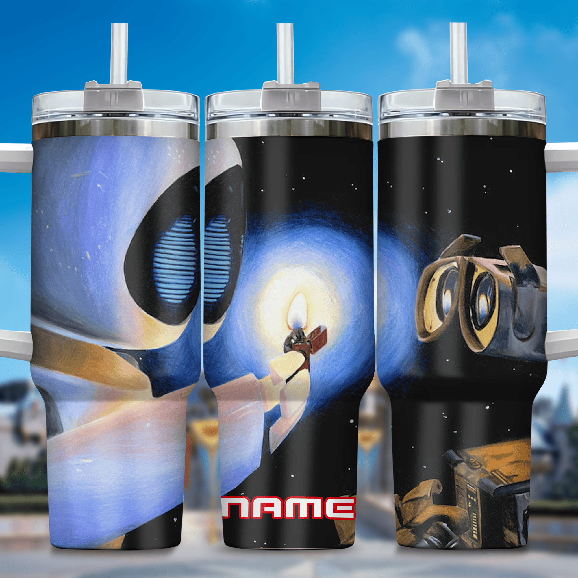 Wall E and Eve Movies Custom Stanley Quencher 40oz Stainless Steel Tumbler With Handle