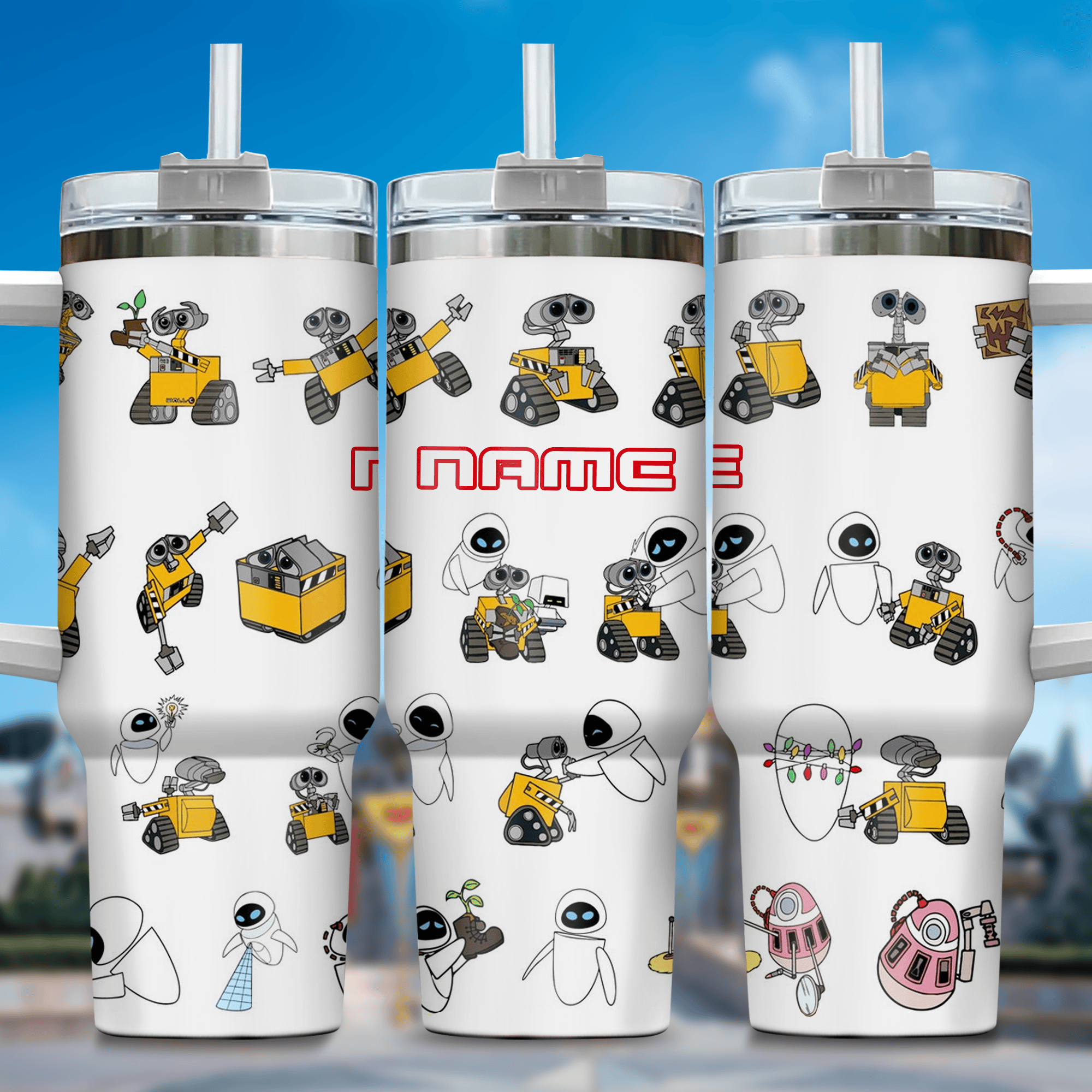Wall E and Eve Movies Custom Stanley Quencher 40oz Stainless Steel Tumbler With Handle