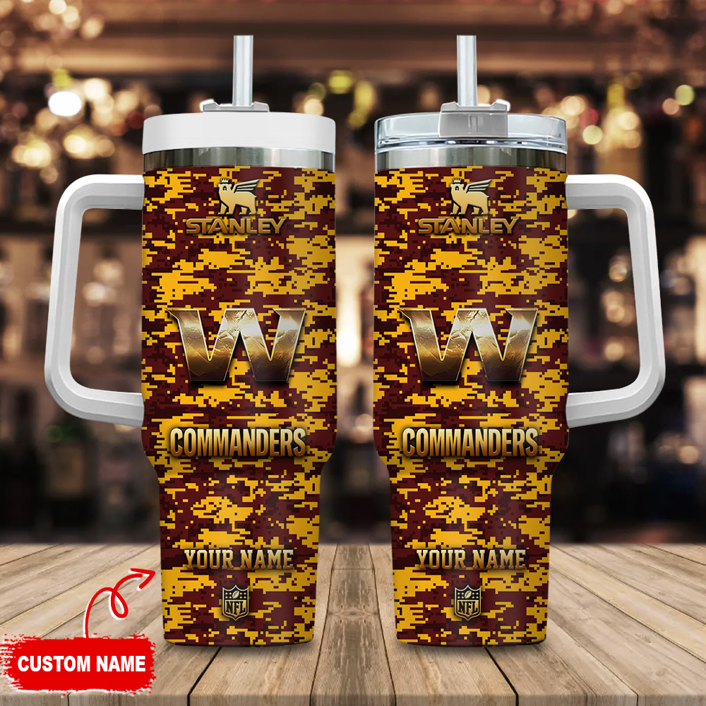 Washington Commanders NFL Camouflage Golden Logo Custom Stanley Quencher 40oz Stainless Steel Tumbler With Handle