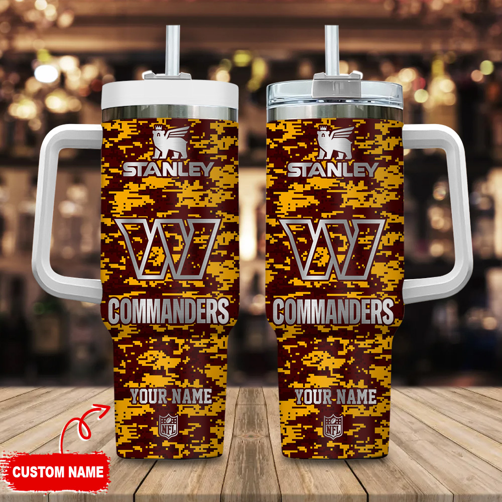 Washington Commanders NFL Camouflage Silver Logo Custom Stanley Quencher 40oz Stainless Steel Tumbler With Handle