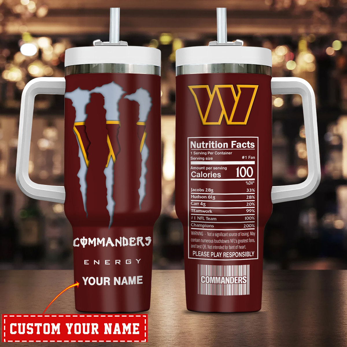 Washington Commanders NFL Energy Nutrition Facts Custom Stanley Quencher 40oz Stainless Steel Tumbler With Handle