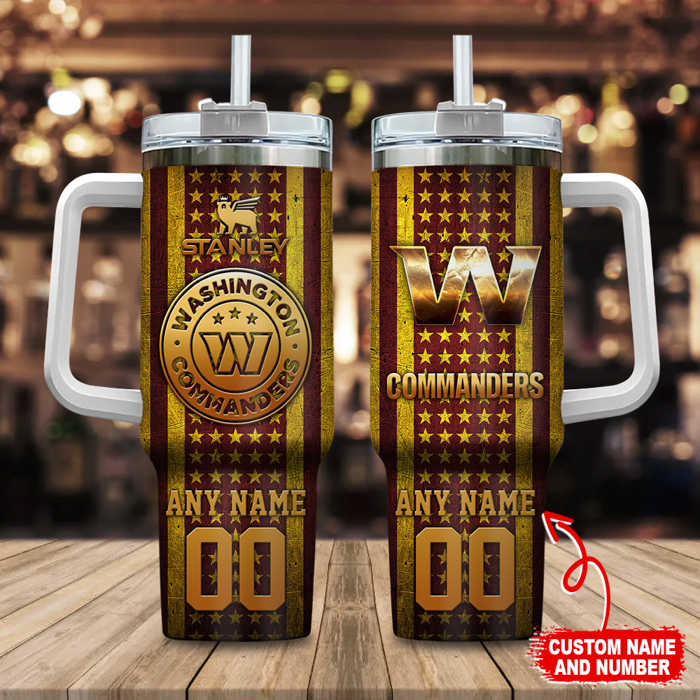 Washington Commanders NFL Golden Logos US Flag Custom Stanley Quencher 40oz Stainless Steel Tumbler With Handle