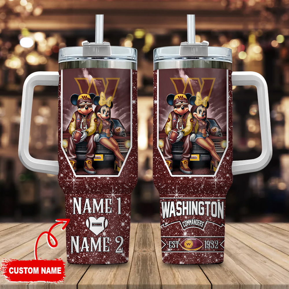 Washington Commanders NFL Mickey And Minnie Couple Custom Stanley Quencher 40oz Stainless Steel Tumbler With Handle